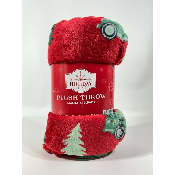 Holiday Time Christmas Tree Truck Plush Throw Blanket 50" x 60" Red - Picture 3 of 9